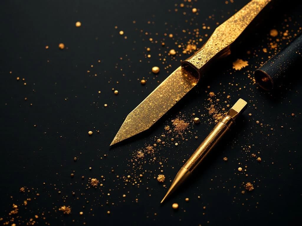 Golden carpenter's tools and drafting instruments on deep onyx — illustration of careful, built-to-last AI craftsmanship