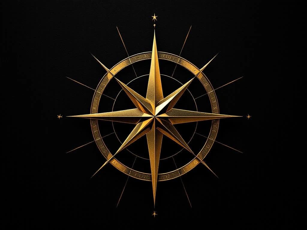 Golden compass-like geometric form on deep black, illustrating strategic AI guidance