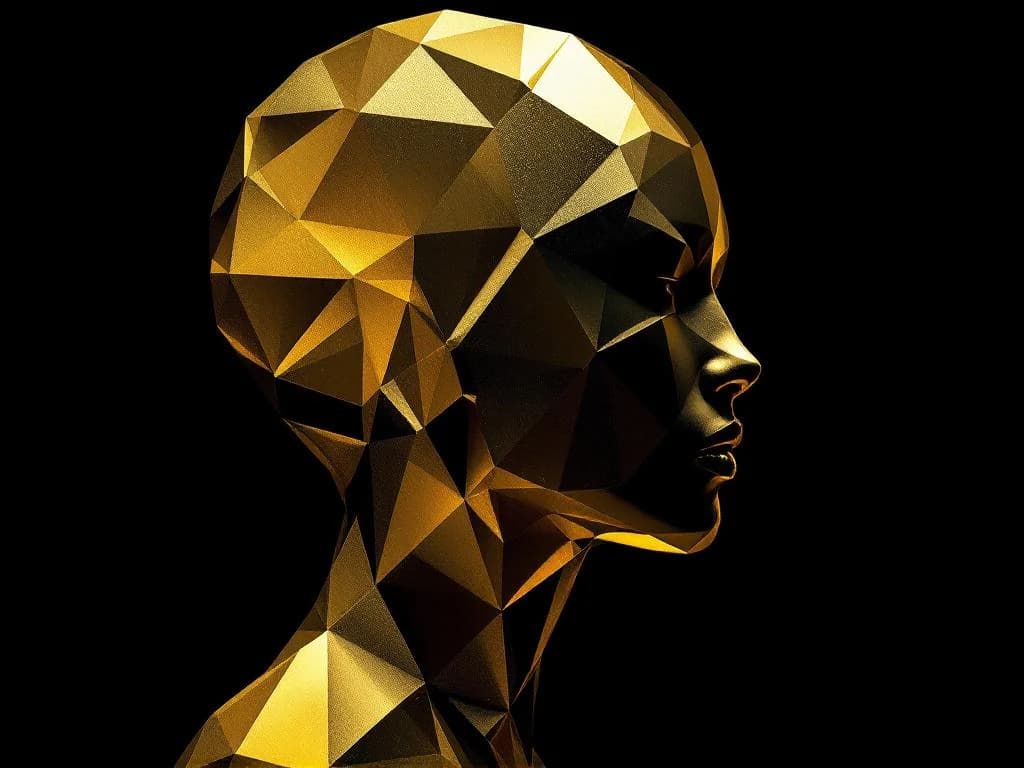 Golden faceted geometric portrait silhouette in profile, illustrating an AI avatar or digital twin